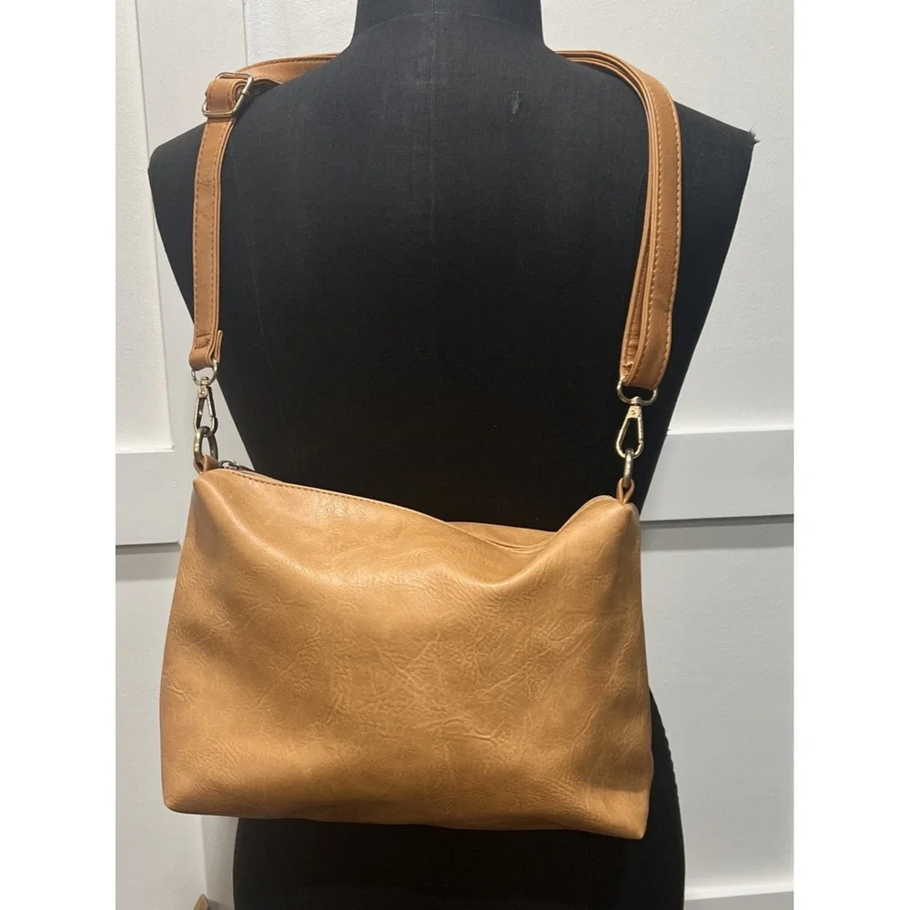 Tan Faux Leather Crossbody Bag Chevron Lining Adjustable Strap Brown Messenger